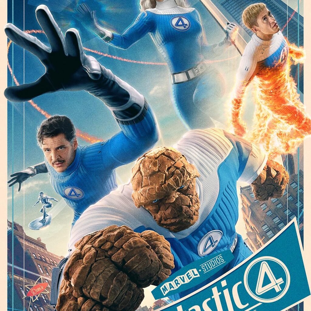 Poster resmi film Fantastic Four 2025 dengan gaya retro-futuristik dan seluruh anggota tim pahlawan