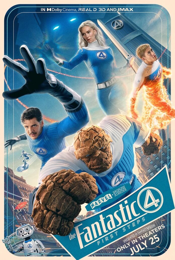 Poster resmi film Fantastic Four 2025 dengan gaya retro-futuristik dan seluruh anggota tim pahlawan