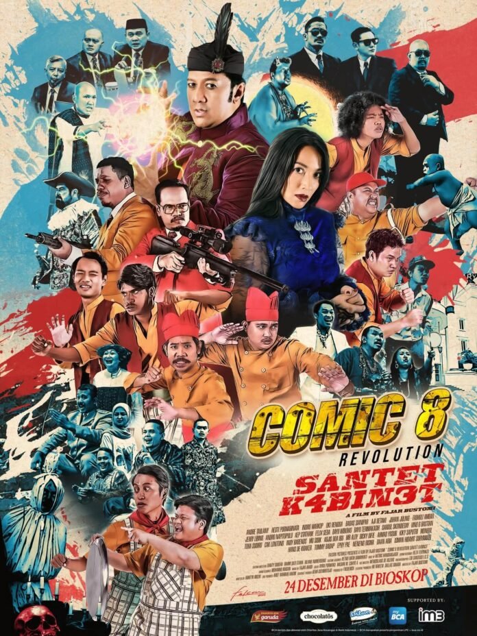 Poster film Comic 8 Revolution: Santet K4bin3t menampilkan kolase karakter komika dan tokoh antagonis dengan visual komedi, aksi, dan unsur klenik.