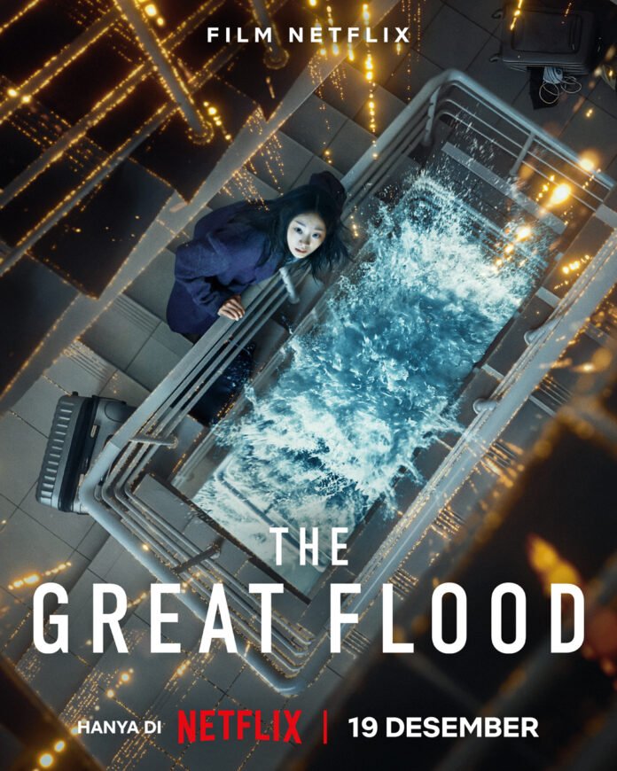 Poster film The Great Flood menampilkan seorang perempuan terjebak di apartemen bertingkat yang terendam banjir, menggambarkan tema bencana dan isolasi manusia dalam skala urban.