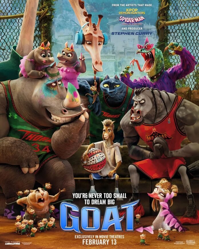 Poster resmi film animasi olahraga GOAT (2026) produksi Sony Pictures Animation, menampilkan karakter kambing muda di arena roarball dalam film Stephen Curry 2026.
