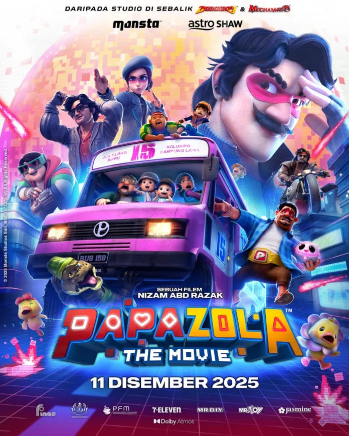 Poster resmi Papa Zola The Movie (2025) menampilkan karakter animasi Papa Zola dan timnya dengan mobil ungu dalam latar penuh aksi dan warna cerah.