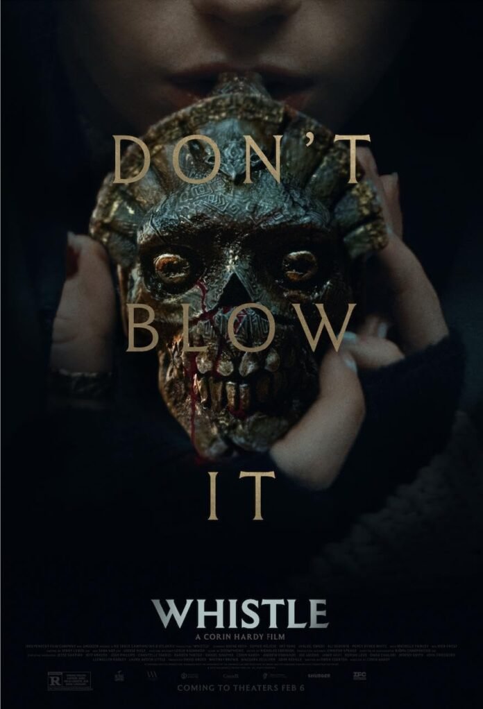 Poster film horor Whistle (2026) menampilkan topeng tengkorak gelap dengan tulisan “Don’t Blow It” sebagai tagline utama.