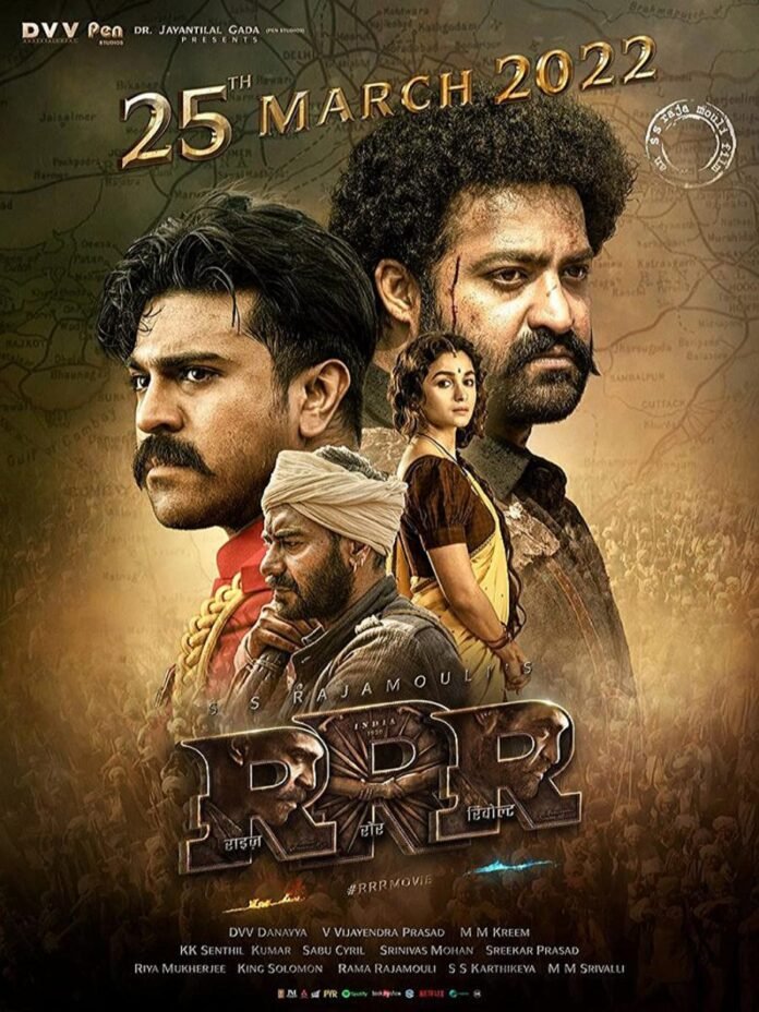 Adegan film RRR 2022 menampilkan Ram Charan dan Jr NTR dalam film aksi epik India
