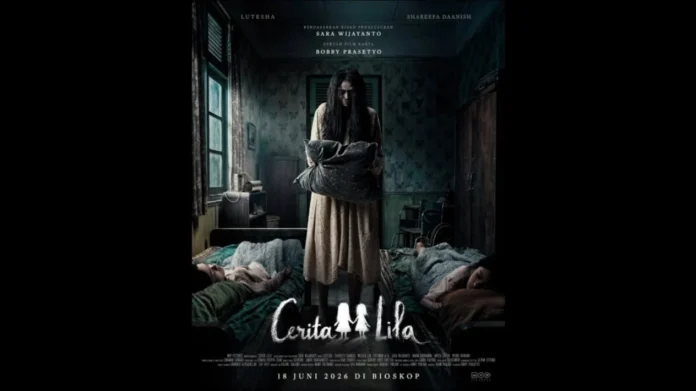 Poster ilustratif film Cerita Lila (2026) dengan nuansa horor psikologis dan misteri saudara kembar